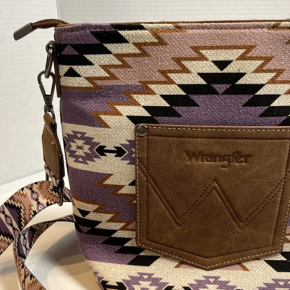 Wrangler Aztec Canvas & Faux Leather Tote Bag Purple Multi Adjustable Crossbody